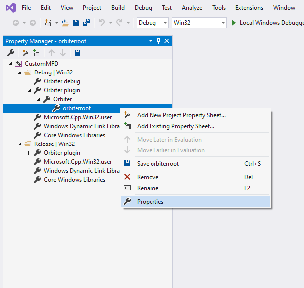 Visual Studio Orbiter Root Property Sheet