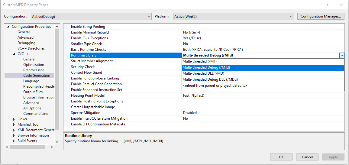 Visual Studio Runtime Debug Configuration