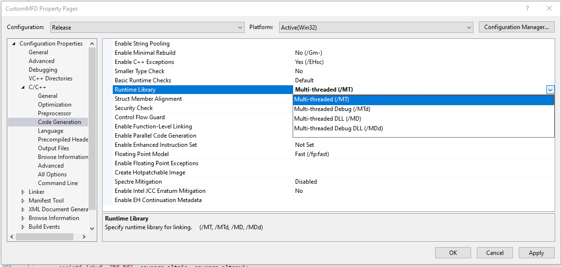 Visual Studio Runtime Release Configuration